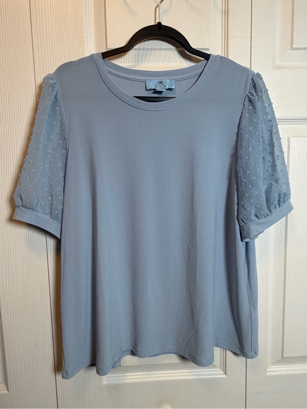 CeCe Blue Swiss Dot Puff Sleeve Blouse XL Stretch Knit Top